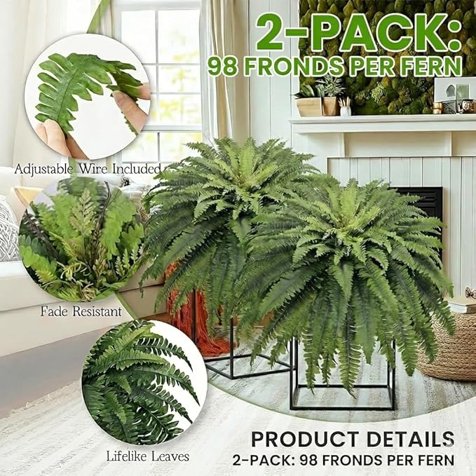 50" Fake Ferns Artificial Plants Large, 98 Fronds 2 Artificial Ferns for Outdoors and Indoors, Suitable for Planter Garden Porch Office Decor