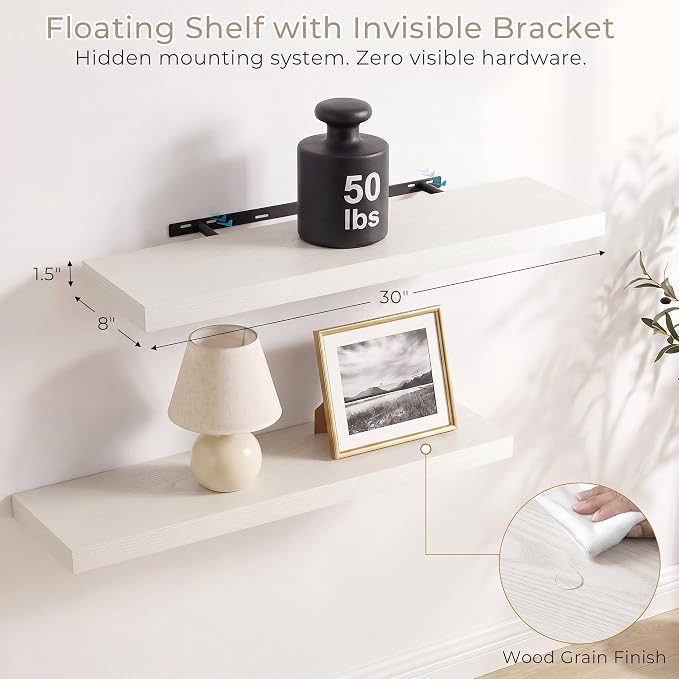 Vivelove Wall Floating Shelves for Display with Invisible Brackets, 30 Inch Floating Shelves for Kitchen Bedroom Bathroom Living Room Kitchen Office, 30”X 8" X 1.4", Set of 2 - White