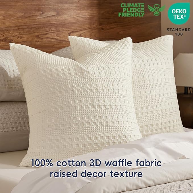 PHF 100% Cotton Waffle Weave Euro Sham Covers, 2 Pack 26" x 26" Bed Pillow Covers for Elegant Home Decor, No Filling, Luxury Aesthetic Soft Euro Pillow Cases for Bed, Ivory