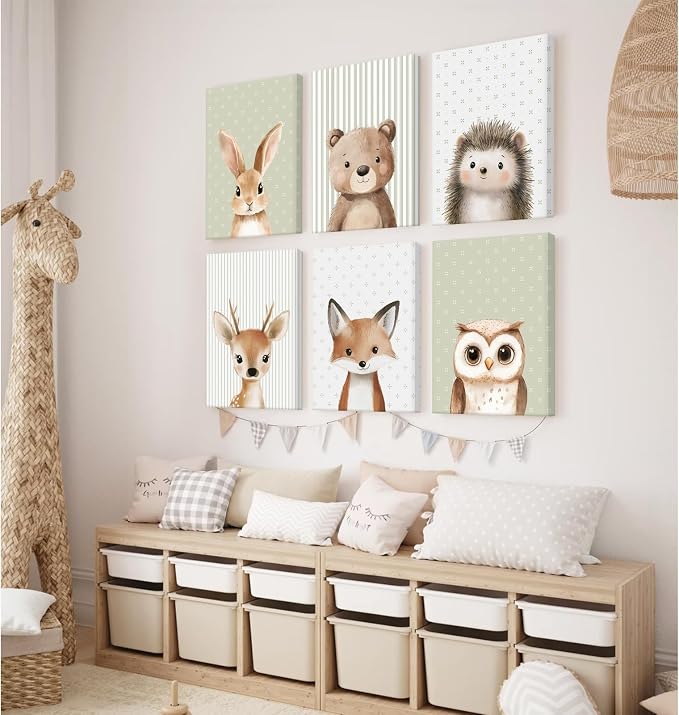 Woodland Animal Nursery Wall Art Baby Kids Canvas Poster Safari Animal Wall Decor Jungle Forest Prints Bear Fox Deer Pictures Sage Green Painting Neutral Artwork for Bedroom 8x10x6 Inch Ready to Hang