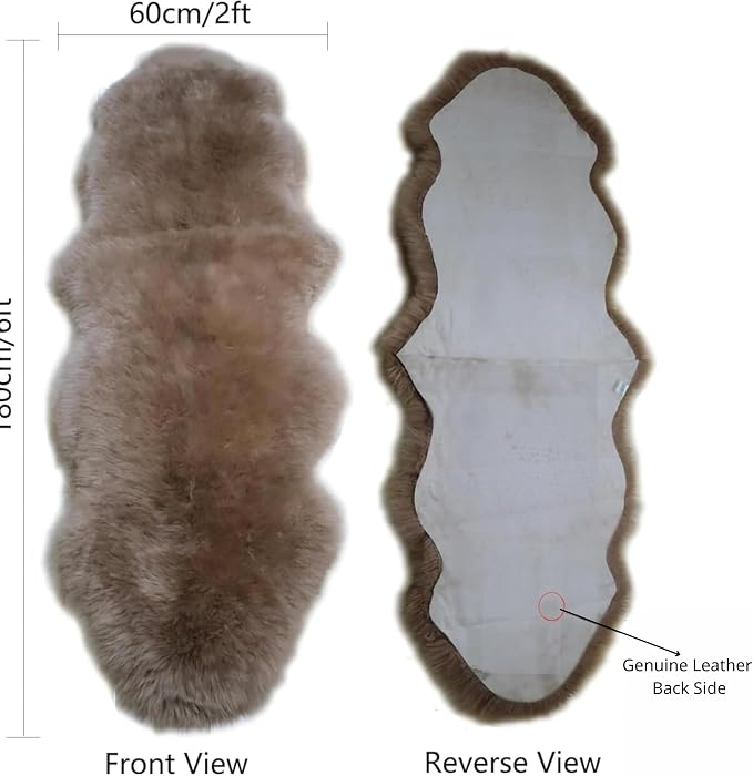 Woolous Genuine New Zealand Sheepskin Double Pelt Rug- Handmade Sheep Skin Runner Rug, Soft Thick Natural Bedside Area Rug for Bedroom and Living Room Decor, (2x6 ft, Brown) | double pelt sheepskin fur; soft thick natural 2x6 runner rug for bedroom, li...