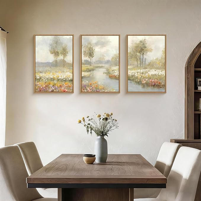 HPNIUB Large Watercolor Wildflower Framed Canvas Wall Art,Vintage Landscape Wall Decor,Rustic Wilderness Field Art Prints,Nature Floral Tree Artwork for Living Room,Bedroom,Farmhouse,Office -24"x36"x3