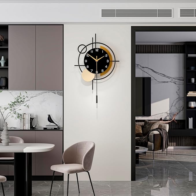 Wall Clock for Living Room Decor Decorative Wall Clock with Pendulum Silent Quartz Battery Operated Black Metal Large Clock for Dining Room,Kitchen,Home,Bathroom,Bedroom,13.8x21.3 in