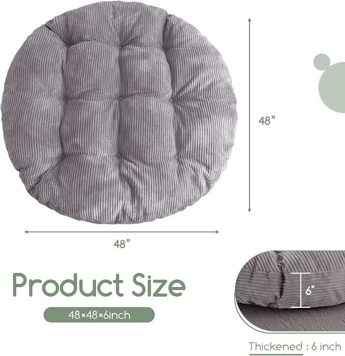 HIGOGOGO Papasan Chair Cushion with Corduroy Cover (Without Chair), 48 x 48 Inch Supportive Cushion, Overstuffed Chair Cushion,Grey