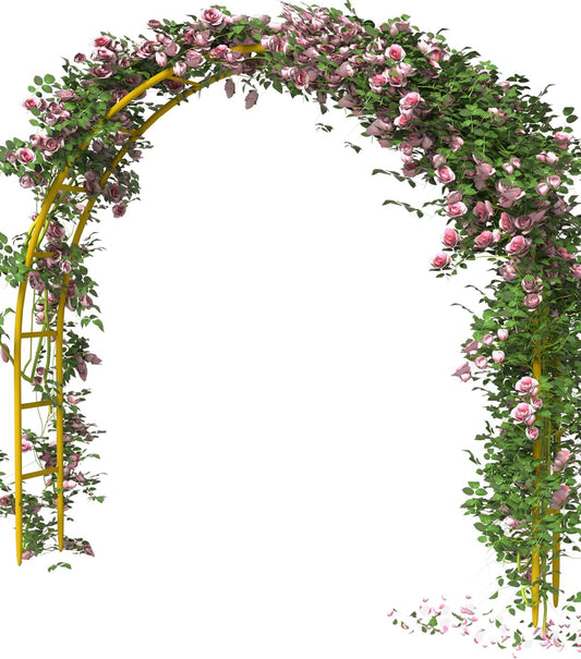 Queension Metal Arch Backdrop Stand 7Ft Wide 7.7Ft High, Wedding Arch Frame for Wedding Decorations, Balloon Arch Stand with Base for Ceremony, Outdoor Garden Arch Trellis for Climbing Plants, Gold