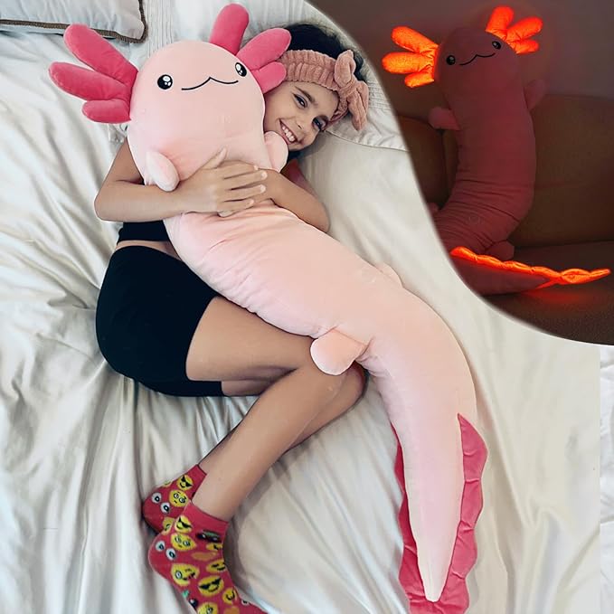 Tezituor Pink Axolotl Stuffed Animal for Easter Girls 48 inch Glow-in-Dark Plush Toy Body Pillow for Adults Kids 6-12, 4ft Large Stuffed Salamander Axolotl Lovers Gifts Christmas Valentines