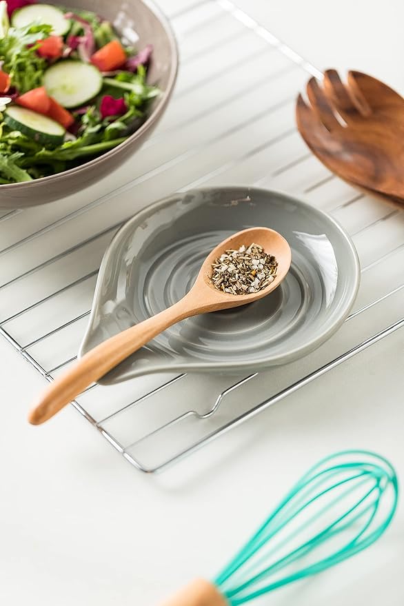 LAUCHUH Spoon Rest, 5 inch Large Spoon Holder for Stove Top Heat-Resistant Ceramic Spoon Rest for Kitchen Counter, Spoons, Ladles, Tongs, Farmhouse Kitchen Decor, Spatula Holder Set of 2, Grey