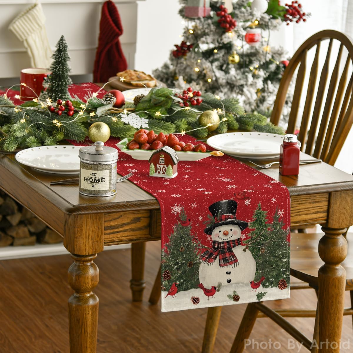 Artoid Mode Snowman Christmas Birds Trees Table Runner, Seasonal Winter Xmas Holiday Kitchen Dining Table Decoration for Indoor Outdoor Home Party Decor 13 x 72 Inch