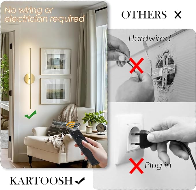 KARTOOSH Removable Battery Operated Wall Sconces with Remote Control 350°Rotate LED Wireless Wall Lights with 3 Color Temperatures & Dimming for Bedroom, Hallway,28.3 Inch (2 Pack)