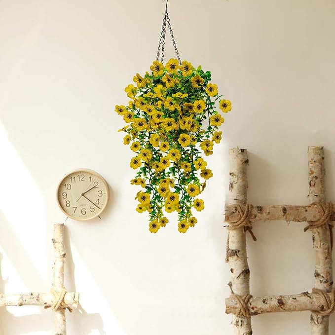 4 Pcs Fake Outdoor Artificial Flowers For Outdoors Uv Resistant, Plastic Flowers For Outdoors, Fake Hanging Plants Faux Flowers For Outdoor Planters, Silk Spring Flowers For Outside Porch（Yellow）