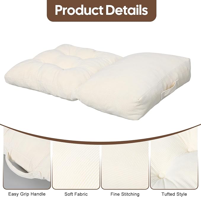 Meditation Cushion, Large Meditation Mat and Pillow for Sitting on Floor, 2-in-1 Portable Yoga Pillow, Tufted Corduroy Zabuton Cushion for Kneeling and Sitting and Knee Support, Beige