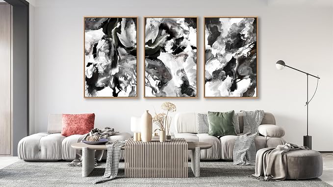 Large Abstract Wall Art for Living Room Natural Wood Float Framed Art Set of 3 Black and White Pictures Artwork Modernism Canvas Prints for Bedroom Kitchen Home Office Wall Decor 24"X36"X3