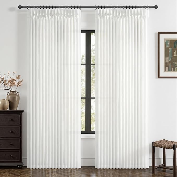 Extra Long Pinch Pleat Semi Sheer Curtains 108 Inches Long for Bedroom, Snow White Memory Trained Natural Linen High Ceiling Window Drapes Light Filtering Privacy Modern Curtain 9FT Length Panels of 2