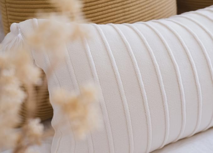 100% Soft Cotton Raised Stripes Textured Rib Knit Lumbar Throw Pillow Cover with Tassels (Butter Cream, 14" x 36")