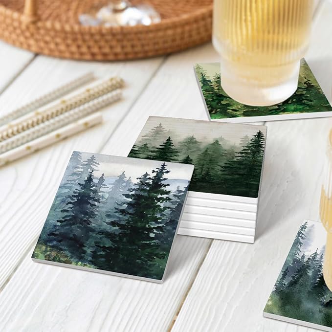 Drink Coasters for Drinks Set of 6, Watercolor Landscape Pine Forest Absorbent Square Ceramic Stone Mat Coaster, with Cork Base and Metal Holder, Home Bar Decor House Warming Gift
