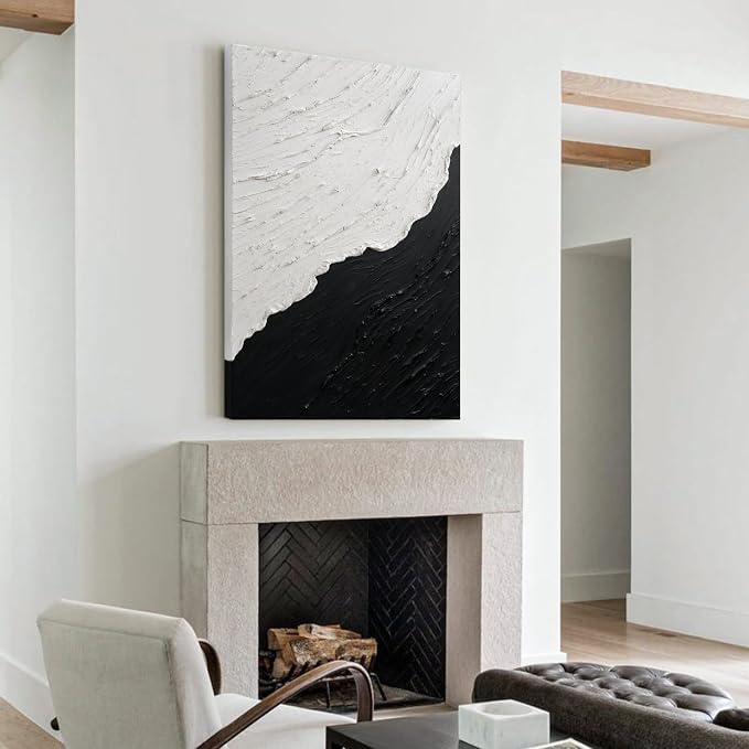 Black & White Abstract Ocean Canvas Wall Art Vertical Textured Oil Painting | Modern Minimalist Neutral Artwork for Office Bedroom Dining Room Decor, Hand-Painted Wall Decor for Living Room, 24x36 In