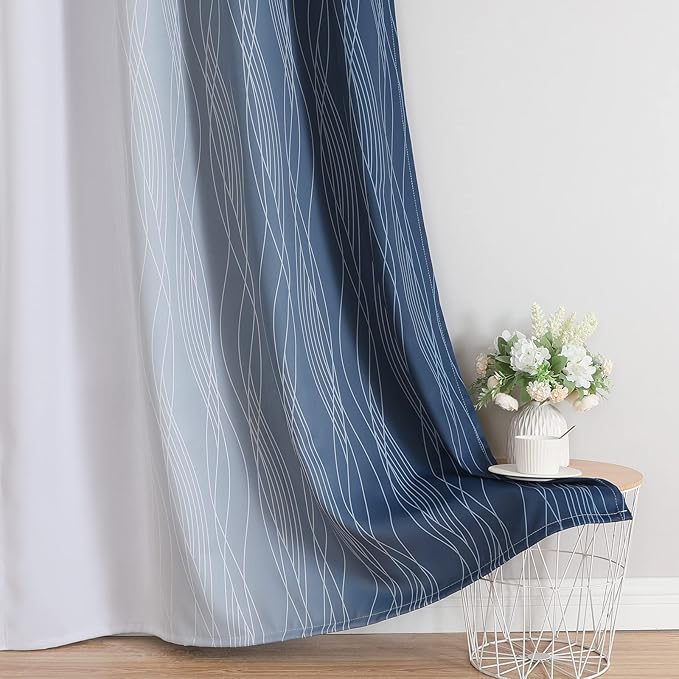 Estelar Textiler Full Room Darkening Greyish White and Navy Blue Blackout Curtains 63 Inch Length 2 Panels Set,Ombre Thermal Insulated Full Light Blocking Grommet Blackout Drapes for Boys Room,52Wx63L