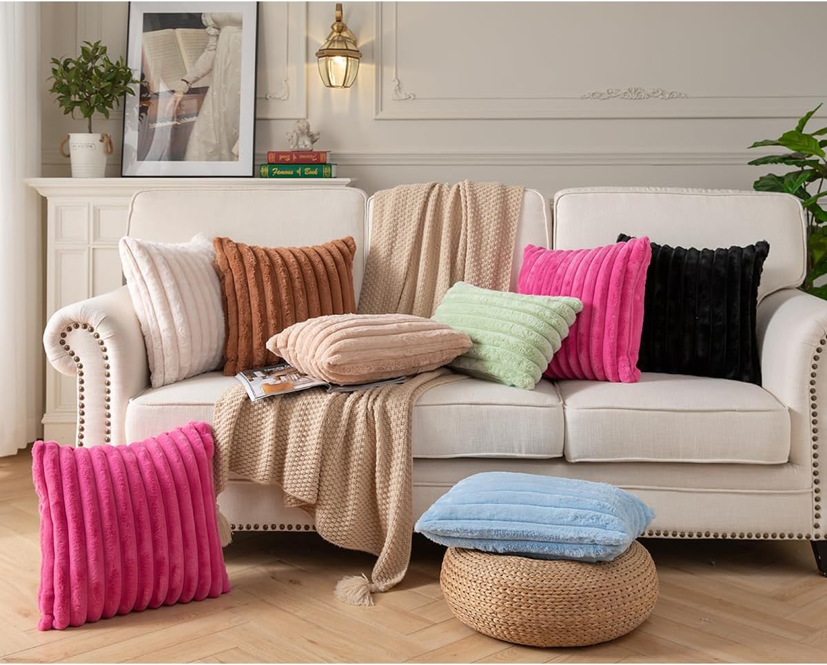 DEELAND Pack of 2,Double-Sided Faux Fur Plush Decorative Throw Pillow Covers Fuzzy Striped Soft Pillowcase Cushion Covers for Sofa Couch Bedroom Black 22x22 inch