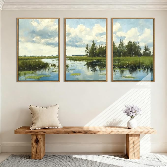 BINCUE Framed Green Nature Wall Art Lake Scenery Wall Decor Landscape Art Print Green Nature Landscape Artwork Green Plants Wall Pictures for Living Room Bedroom Office Farmhouse 16 x24 Inches Set of 3 Gift