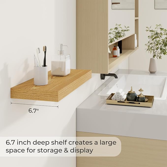 Dreamland 20Inch Floating Shelves for Wall 6.7" Deep Light Brown Set of 2 | Wall shelves for bathroom, bedroom, Living Room, kitchen, deep wall mount wood storage display for home decor 20" x 6.7"