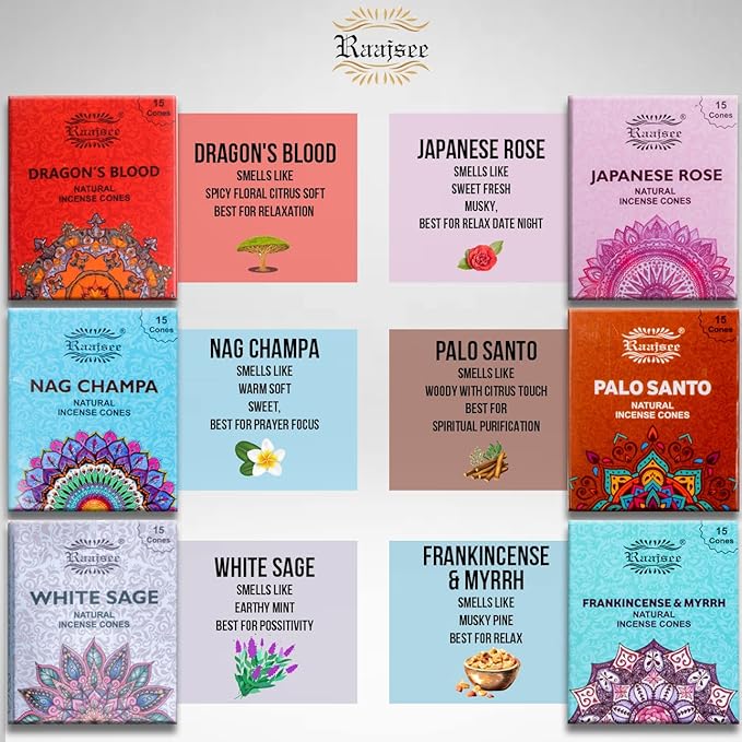 Raajsee Natural Incense Cones,6 Pack Mixed Scents Gift Pack 15 pc Each (90 Total), Insense Cones Variety Pack, 100% Organic Non Toxic Natural - Hand Rolled Free from Chemicals (Pack 2)