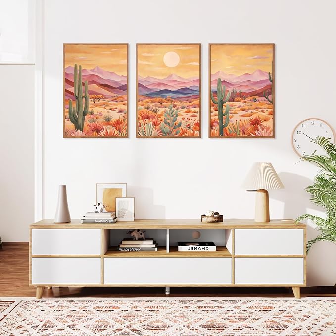 HOURIA 3Pcs Abstract Sunset Mountain Desert Cactus Canvas Wall Art(24"x36"),Vintage Southwest Landscape Arizona Wall Decor,Mid Century Modern Boho Wilderness Art Print for Office Farmhouse Living Room
