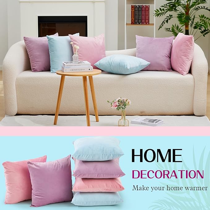 Berlune 6 Pcs Velvet Throw Pillow Covers 18" x 18" Decorative Cushion Cases Soft Pillowcase for Graduation Coquette Party Accessories Couch Sofa Bed Chair Home Decor, No Inserts (Pastel Colors)