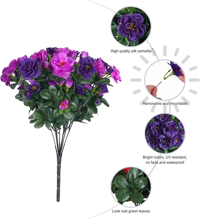 Artificial Faux Outdoor Flowers Plants for Spring Summer Decoration, Fake Silk Camellia UV Resistant Look Real for Planter Outside Front Door Porch Patio Balcony, 3 Large Bundles (Purple+Fuchsia)
