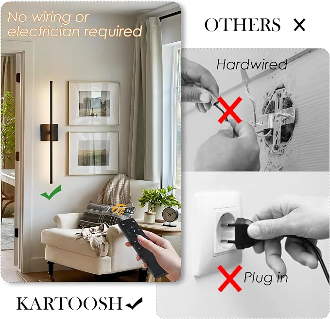 KARTOOSH Removable Battery Operated Wall Sconces with Remote Control, Stepless Colors 3000K-6000K & Dimming, 350°Rotate, LED Black Wireless Wall Light for Living Room, Bedroom, 24.4 Inch (2 Pack)