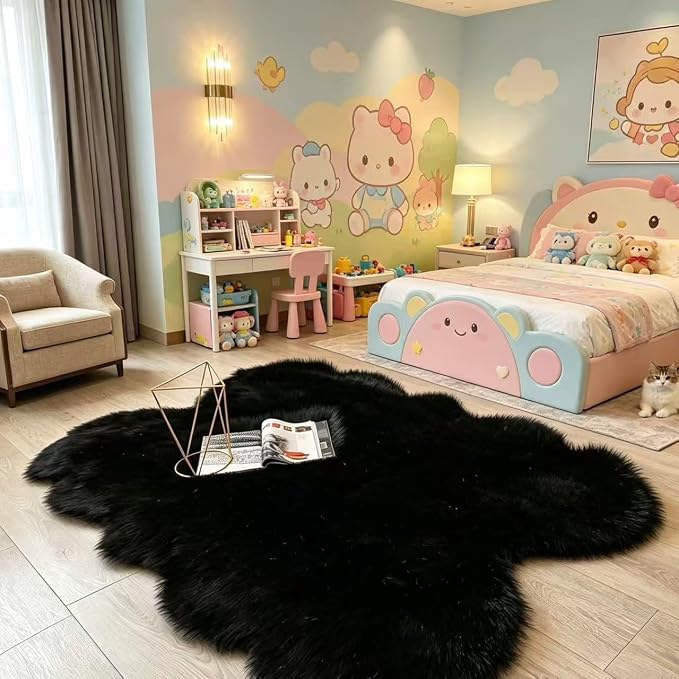 Faux Fur Rug Black Sheepskin Area Rug,Ultra Soft Shaggy Plush Rug Bedroom Living Room Sofa Floor Kids Room Bedside（4 x 6 ft Sheepskin）