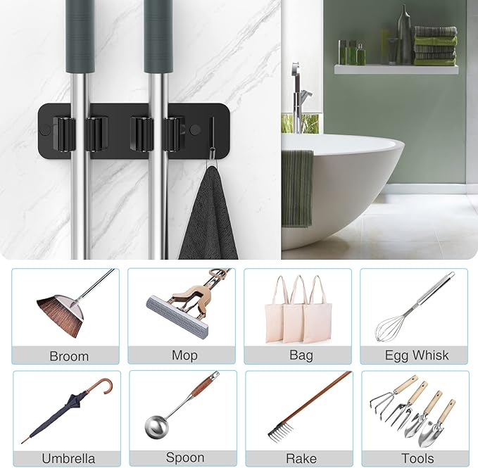 homeasy Wall Mount Mop and Broom Holder, Heavy Duty Stainless Steel Organizer Rack with Hooks | 4-Pack, 2-in-1 No Drill & Screw Installation, Black