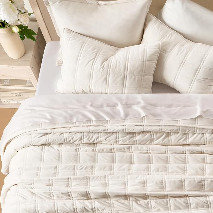 EverGrace 3 Pieces Luxurious Velvet Quilt Queen Size, Ultra Soft Bedspread Coverlet Set, Double Box Stitch Lightweight Velvet Comforter for All Season with 2 Shams, Cream White, 92"x96"