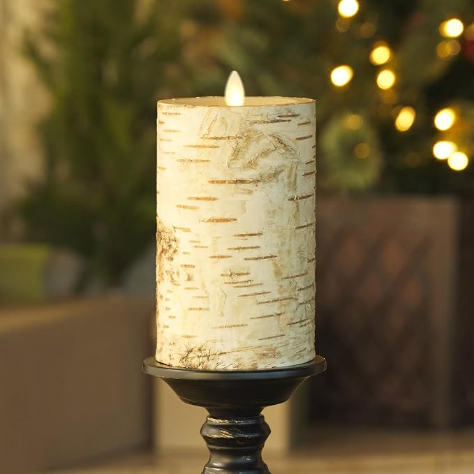 Luminara Real Birch Bark Wrapped Flameless LED Candle, 3.5" x 6.5", Battery Operated Moving Flame Pillar Light with Timer - Natural Decor Unscented