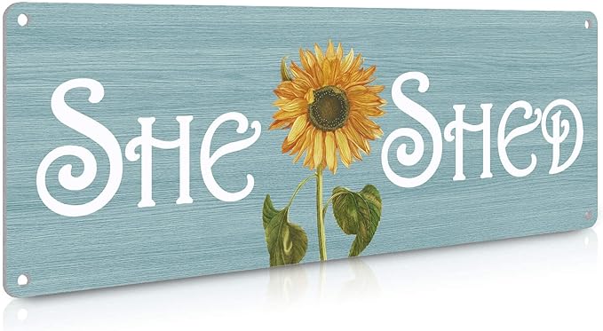 She Shed Decor, Farmhouse Sunflowers Wall Sign for Home Kitchen, Garden, Women Cave, Gift for Girlfriend, Ladies, Tin Metal Signs 16x6