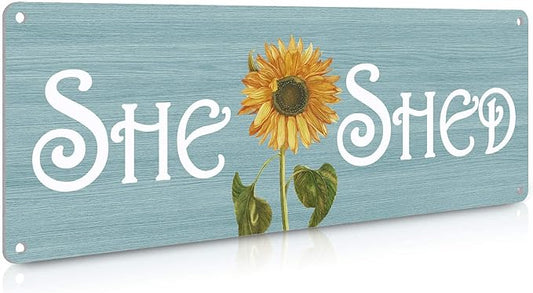 She Shed Decor, Farmhouse Sunflowers Wall Sign for Home Kitchen, Garden, Women Cave, Gift for Girlfriend, Ladies, Tin Metal Signs 16x6