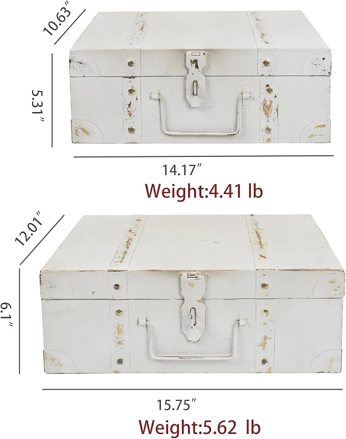 Vintage Metal Storage Trunks - Set of 2, Antique Decorative Storage Chests with Lids, Decorative Suitcase Boxes, Vintage Suitcases for Keepsakes and Home Decor, White