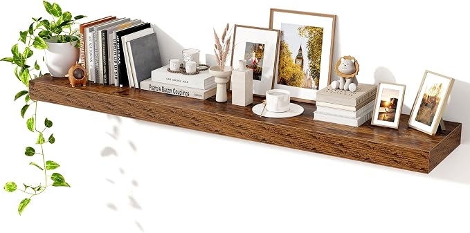 Axeman 55Inch Floating Shelves for Wall, Rustic Wood Shelves for Bedroom, Bathroom, Kitchen, Hanging Wall Mounted Shelf with Invisible Brackets for Books Decor, Set of 1, Rustic Brown