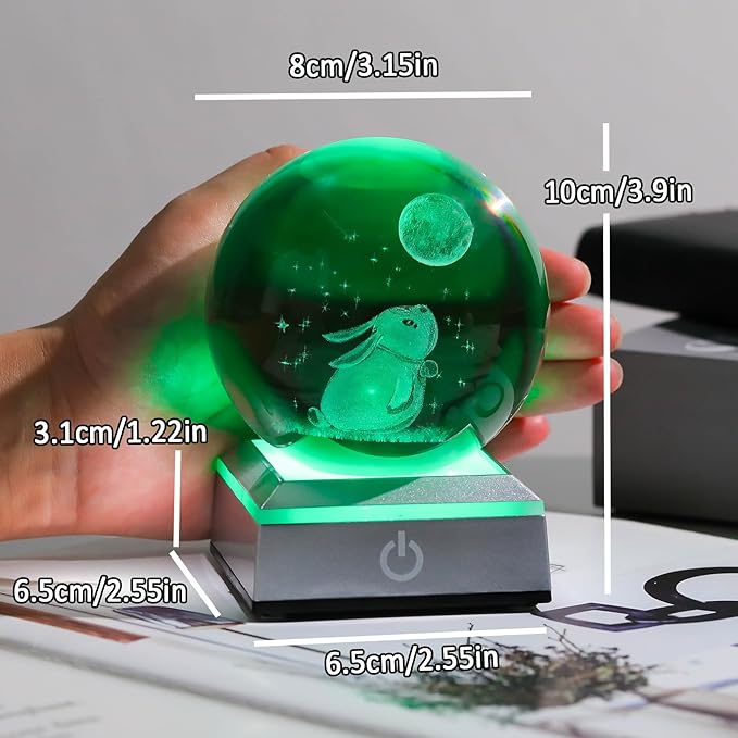 3.15in. Crystal Ball Engraved 3D Rabbit and Moon Stars Figurine Paperweght with LED Light Base, Glass Bunny Sphere Decor Birthday Easter Gifts for Women Boys Girls