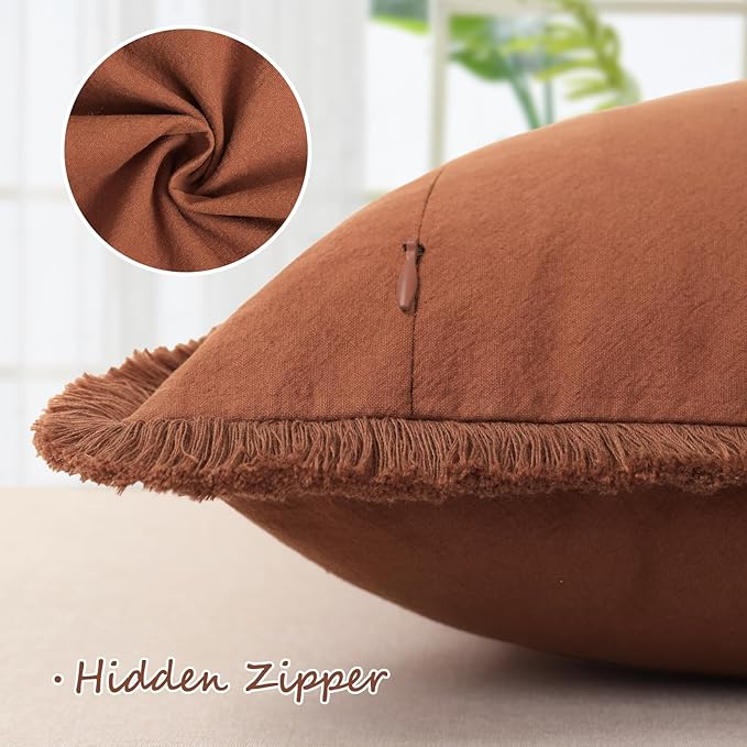ZWJD Pillow Covers 24x24 Set of 2 Rust Throw Pillow Covers with Fringe Chic Cotton Decorative Pillows Square Cushion Covers for Sofa Couch Bed Living Room Farmhouse Boho Decor