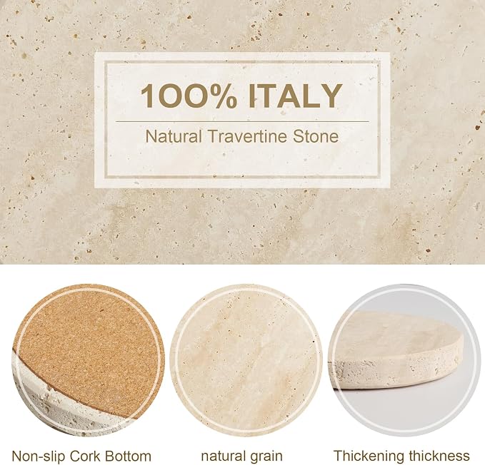 Natural Travertine Marble Coasters Set of 6-4" Round Stone Drink Coasters, Non-Slip Cork Backing, Festival Gifts, Wedding, Protect Tables from Stains & Scratches.