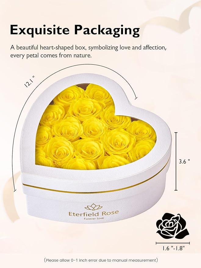 Eterfield 16 Forever Flowers in Heart Shape Box, Preserved Roses That Last a Year Preserved Flowers Birthday Gifts for Her Mom Women Wife Anniversary Valentine's Day Mother's Day, Yellow