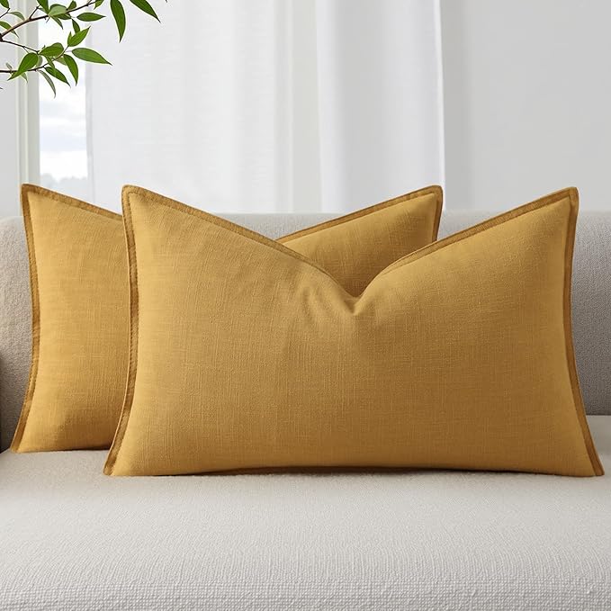 decorUhome Summer Decorative Linen Throw Pillow Covers 12x20 Inch Set of 2 Mustard Yellow Lumbar Pillow Covers with Flange Edges Soft Farmhouse Boho Accent Pillow Cases for Couch Bed Living Room