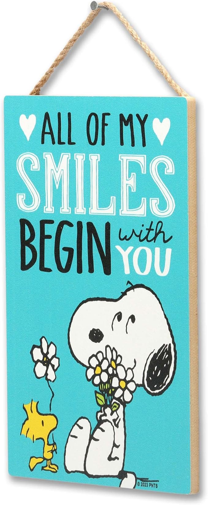 Peanuts Snoopy All My Smiles Begin With You Hanging Wood Wall Decor - Cute Snoopy Sign - Great Gift Idea