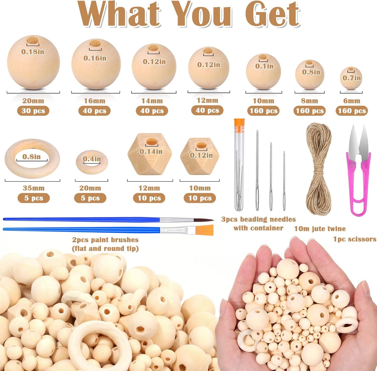 Wooden Beads for Crafts, 660 Pcs Natural Loose Wood Beads Rings Bulk Include Unfinished Beads with Holes, Smooth Wooden Ring, Polygon Spacer Beads Twine for Ornament Jewelry Making Home Garland Décor