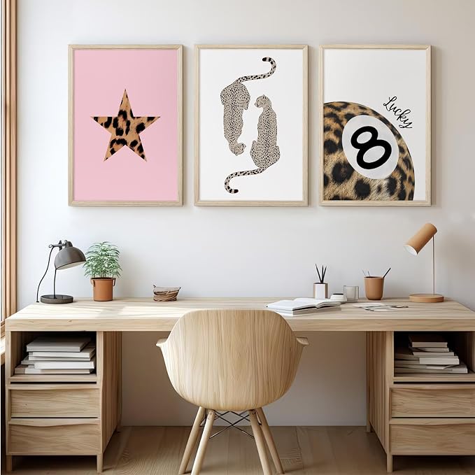Leopard Wall Art Cheetah Canvas Prints Lucky 8 Ball Wall Decor Fashion Leopard Poster Aesthetic Pictures Trendy Cheetah Painting Preppy Pink Artwork for Living Room Bedroom 16x24x3 Inch Wood Framed