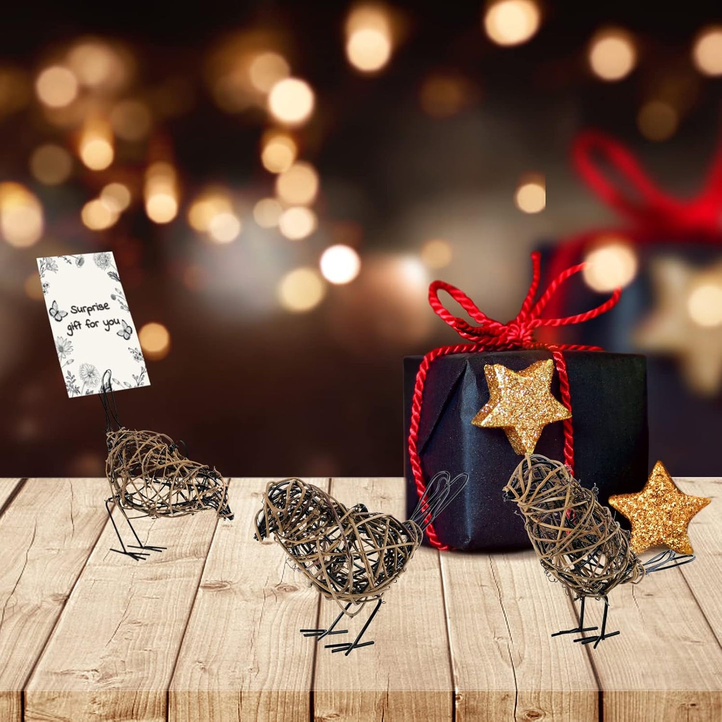 Natural Farmhouse Decor Set of 3 - Handwoven Rattan Bird Statue Table Decor, Multi-Pose Shelf & Mantel Accents