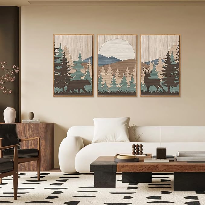 CHDITB Woodland Bear Moose Framed Wall Art(Set of 3, 24"x36"), Retro Wildlife Wild Animals Nature Forest Artwork Painting, Large Cabin Hunting Adventure Mountain Sun Posters Print for Nursery Boy Room
