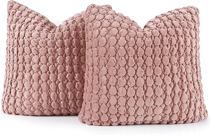 Pillow Covers 24x24 Set of 2 Velvet Euro Shams Decorative Farmhouse Pillowcases Boho Square Cushion Covers Soft Bubble Texture for Couch Sofa Bed Bedroom Car Living Room,Pink