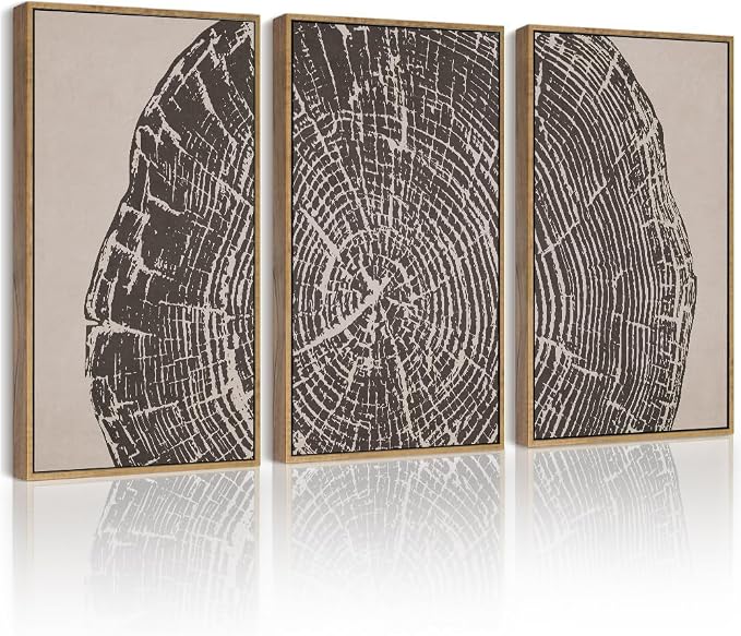 PHOPAGO Farmhouse Vintage Framed Wall Art Large 16x24in Set Gray Wood Tree Ring Spirals Nature Abstract Drawings Rustic Modern Art Decor for Living Room Bedroom - Natural Framed