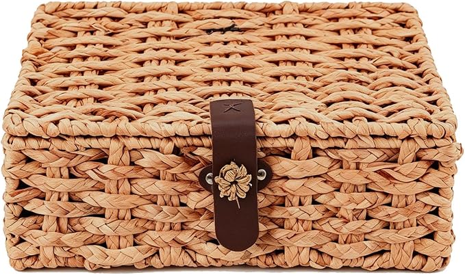 Water Hyacinth Wicker Storage Box with Lid （Large） | Hand woven decorative storage basket for shelf coffee table console home decor